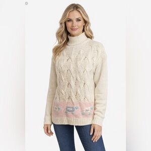Vintage 80s Hand Knit Turtleneck Sweater | Cream Cable Knit Cottagecore